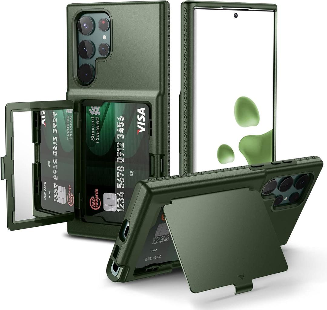 WeLoveCase for Samsung Galaxy S22 Ultra Wallet Case with Credit Card Holder & Hidden Mirror, All-Round Protection Shockproof Phone Cover Designed for Samsung Galaxy S22 Ultra, 6.8 Inch Green
