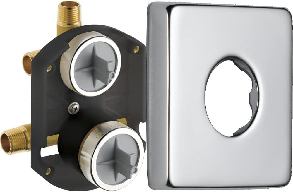 R22000 MultiChoice Universal Valve 3-Setting 6-Setting Custom Shower Integrated Diverter Rough, Shower Valve Kit/Trim Kit, Brass Construction, Champagne Bronze and Delta Faucet RP51034 Vero Shower Flange - Tub and Shower, Chrome