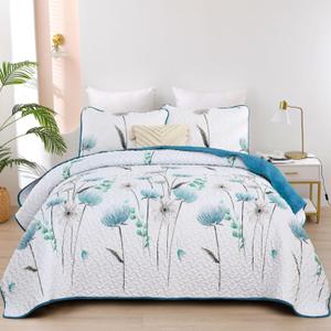 Dinjoy Floral Quilt Set Queen Size,Teal Bedspread Coverlet Botanical 3 Pieces Summer Quilts Microfiber Lightweight Blue Bedspreads White Soft Reversible Cute Bed Cover Sets for Fall Winter (96"x90")