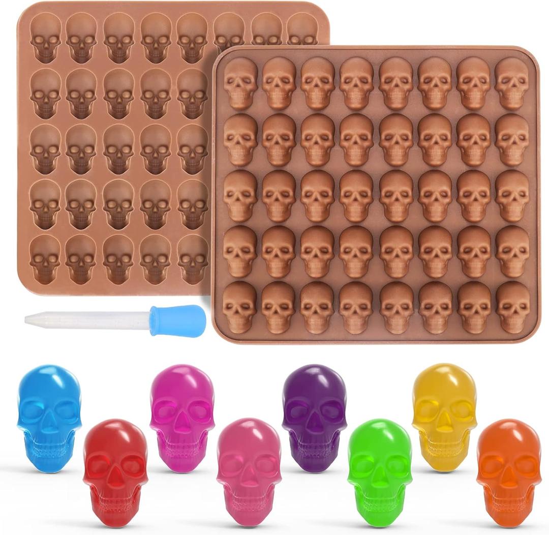 Juome Gummy Skull Silicone Candy Molds, 2 Pack Mini Skull Gummie Chocolate Molds with Dropper for Halloween Gummies, Candies, Jello, Chocolate (80 Cavities)