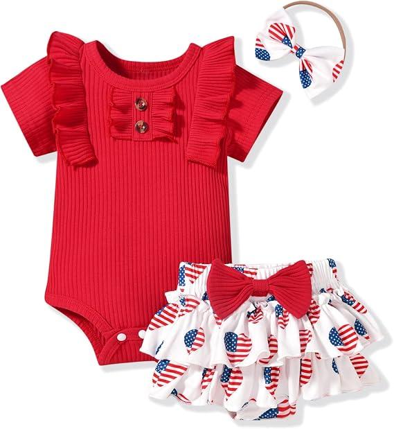 HIHA Baby Girl 4th of July Outfit 12-18 Months American Flag Clothes USA Independence Day Clothing White
