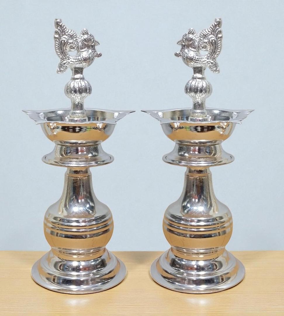 German Silver 8 x 3.5 Inch Traditional Diya for Home Temple Pooja Diya K3135