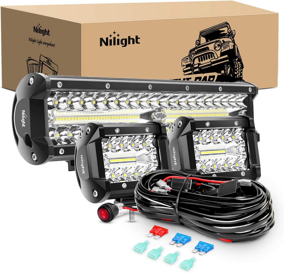 Nilight LED Light Bar Set, 12 Inch 300W Triple Row Spot Flood Combo Work Driving Lamp, 2 Pcs 4 inch 60 W with Wiring Harness for Off road ATV Boat Lighting