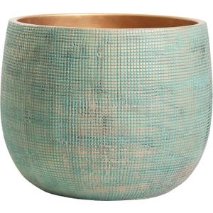 Olly & Rose Bali 10 Inch Ceramic Cement Plant Pot - Indoor & Outdoor Planters - Garden and Flower Pot (Gold Teal)