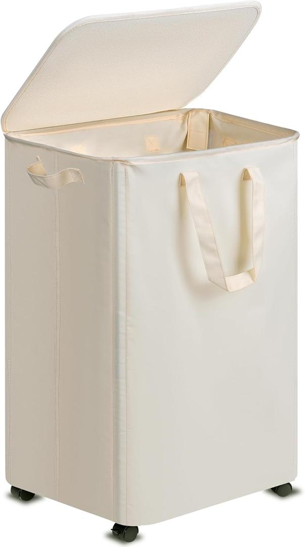 Vincona Slim Laundry Hamper with Lid and Wheels, Small Rolling Laundry Basket with Handle for Small Spaces, Tall Dirty Clothes Hampers for Dorm, Bathroom and Bedroom, 95L, Beige
