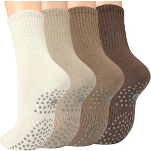 Toes Home Pilates Socks for Women with Non Slip Grippers, Yoga Crew Socks for Barre Hospital Exercise Workout Sticky Athletic Slipper Socks 4 Pairs Fall Brown Tan