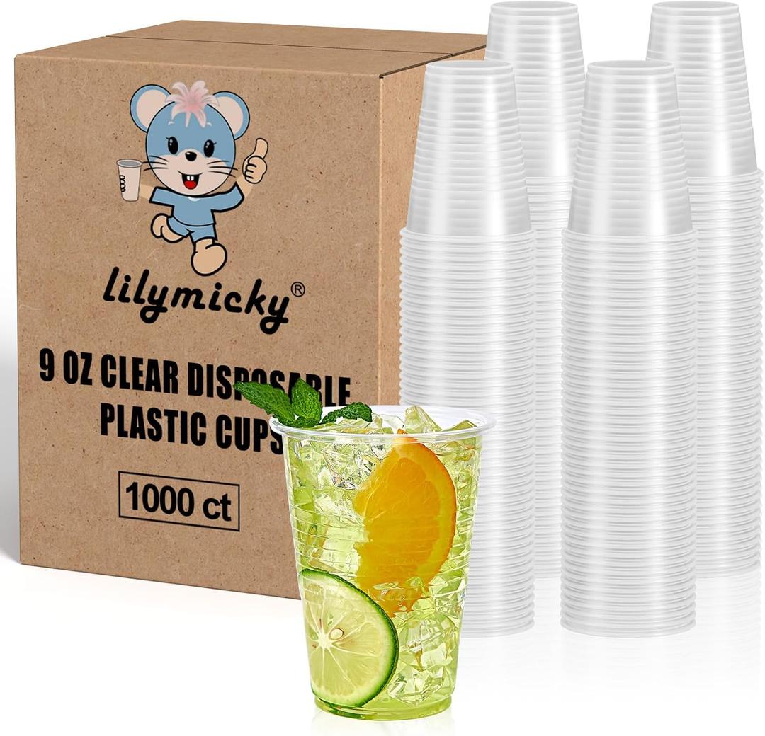 Lilymicky 1000 PACK 9 oz Clear Plastic Cups, 9 Ounce Disposable Drinking Cups for Birthday Parties, Picnics, Ceremonies, and any Events