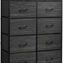 WLIVE Fabric Dresser for Bedroom with Open Shelves, Tall Dresser with 8 Drawers, Storage Tower with Fabric Bins, Chest of Drawers for Closet, Living Room, Hallway, Charcoal Black Wood Grain Print