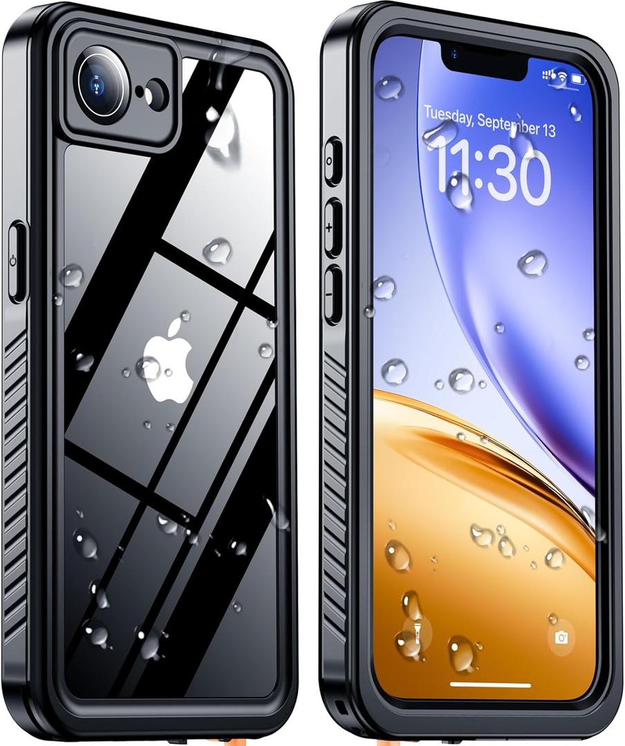 Temdan Compatible with iPhone 16e Case Waterproof, Built-in Screen & Camera Protector IP68 Underwater Full Body 16FT Military Dropproof Shockproof Phone Case for iPhone 16e 6.1"-Black/ Clear