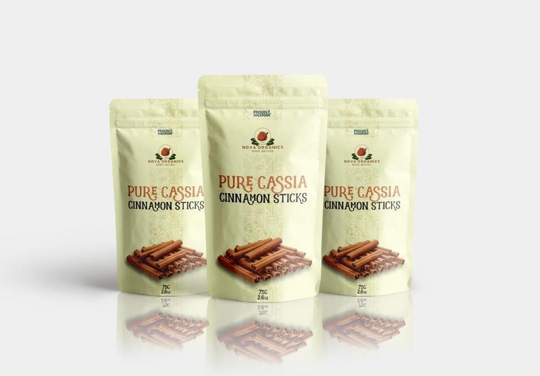 Nova Organics Organic Cassia Cinnamon Sticks - 3 Pack (150g Total) | Premium Whole Bark Sticks for Baking, Tea, Coffee & Cooking | Natural Ceylon-Style Spice