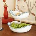 SEVEN SPARTA Double Layer Cherry-Shaped Ceramic Fruit Bowl, 2-Tier Countertop Fruit Basket for Kitchen, Modern Decorative Serving Platter for Fruits, Snacks, Candies (White)
