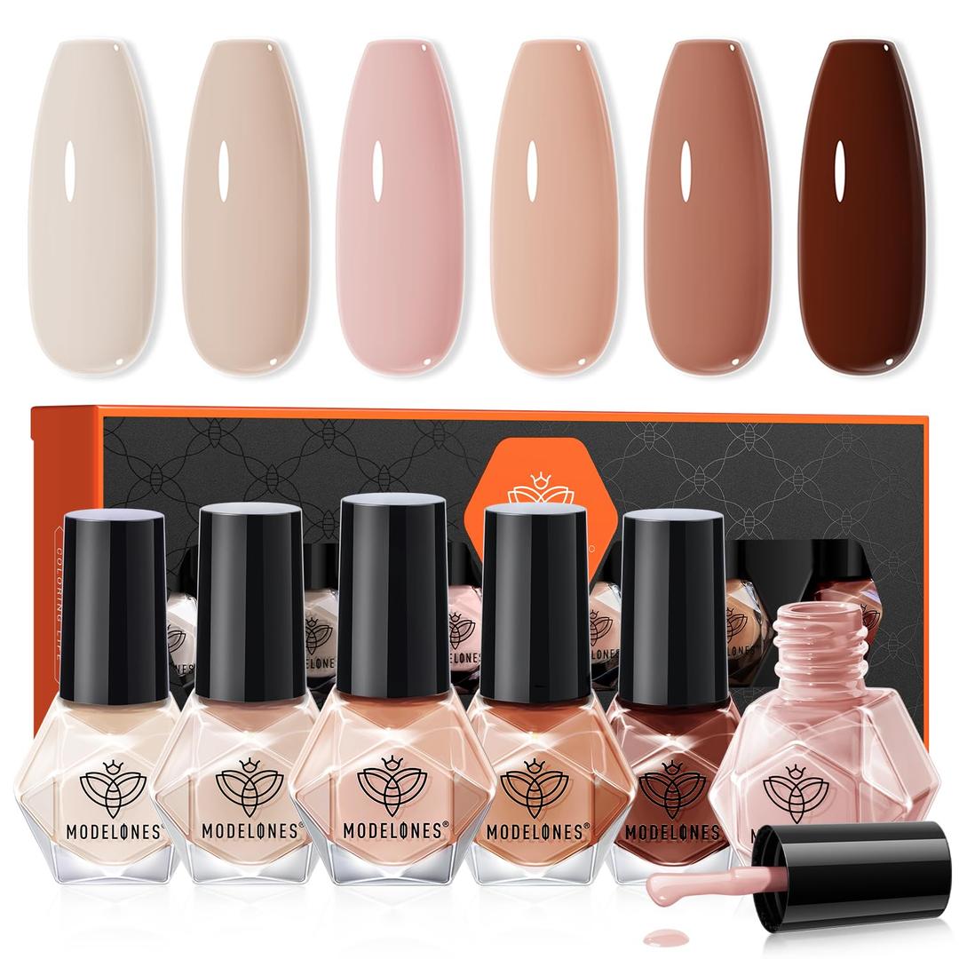2 x modelones Nail Polish Set, 6 Colors Nude Brown Pink Skin Tones Milky White Mini Nail Polish Fall Winter Neutral Brown Quick Dry Fingernail Polish Manicure DIY Salon Home Gifts for Women Girl