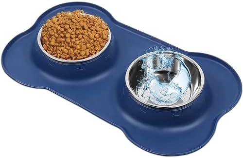AsFrost Dog Food Bowls Stainless Steel Dog Food and Water Bowl Set, Dog Bowls No Spill Non Slip Silicone Mat, Dog Dishes for Small Medium Size Dogs Cat Puppy Pet Food Feeding Bowls, Blue, 12oz