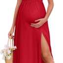 3D Floral Mesh Split Strapless Maternity Dress Tube A-Line Pregnancy Dresses Baby Shower Photoshoot (M, Red)