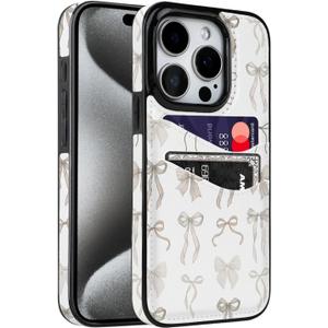 For iPhone 15 Pro 6.1 inch Case with Card Holder Soft Leather Wallet Case Protective Shockproof Hard Cover for Women Man (Pastel Ribbon Bow, iPhone 15 Pro 6.1 inch)