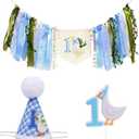 One Funny Goose High Chair Banner for Boys - Funny Goose Theme 1st Birthday Decorations, High Chair Banner First Birthdays Boy, Goose First Birthday Crown Hat & Cake Topper for Party Decor
