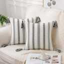 Smile Bee Spring Boho Outdoor Throw Pillow Covers Set of 2, Decorative Woven Striped Pillow Covers with Tassels for Couch Bed Sofa, 20x20 Inch, Black and Cream White