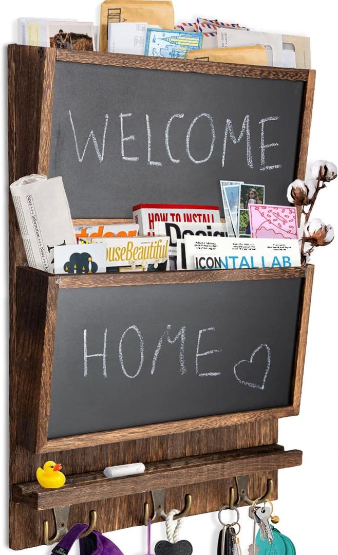 Rustic 2-Slot Mail Sorter Organizer for Wall with Chalkboard Surface & 3 Double Key Hooks - Wooden Wall Mount Mail Holder Organizer  Wall Dcor for Entryway Made of Paulownia Wood - Rustic Brown