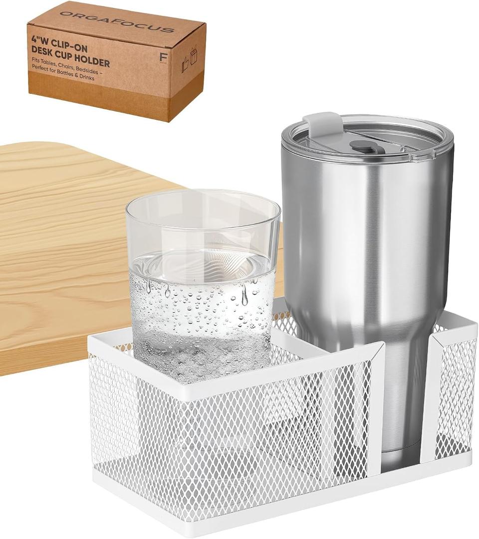 Dual Slots Clip On Metal Desk Cup Holder, Fits up to 40oz cups  No Spill Clamp for Table, Bed, Chair  Large Adjustable Drink Holder for Yeti, Hydro Flask, Starbuck  Mountable Cup Attachment - White