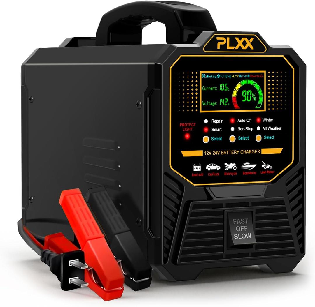 PLXX 12V 24V 0-15A Automatic Car Battery Charger Heavy Duty, Smart Trickle Charger, Battery Repairer with Auto Shut-Off, for Car Truck Motorcycle Boat RV Lawn Mower AGM Gel Wet MF Deep Cycle