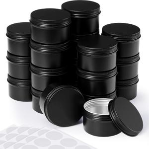 Patelai Black Aluminum Tin Cans 24 Pcs 4 oz Round Metal Tin Jar Containers Refillable Aluminum Storage Cans with Screw Lid and 10 Sheets Label Sticker for Salve Spice Candy Candle