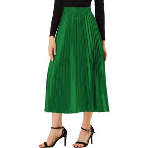 Allegra K Women Pleated Skirt Midi Length Elastic High Waisted A Line Metallic Shirring Party Skirts (Green)