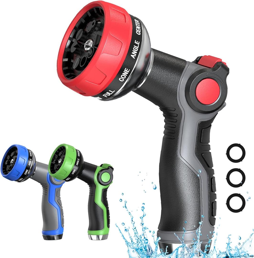 Hose Nozzle 10 Adjustable Patterns Garden Hose Nozzle Premium High Pressure Water Hose Nozzle with Thumb Control Design Hose Sprayer Nozzle for Garden & Lawns Watering, Cleaning, Pets & Car Washing (Red+Black)