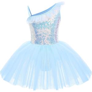 IDOPIP Girls Sequins Ruffle One Shoulder Ballet Dance Dress Tutu Skirted Leotard Ballerina Dancewear Costume for Toddler Kids (5-6 Years, Blue)