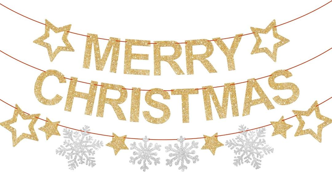 KatchOn, Glitter Merry Christmas Banner Indoor - Large 10 Feet, 3 Strings | Snowflake Garland | Merry Christmas Decorations | Xmas Decorations | Winter Party Decorations | Merry Christmas Garland