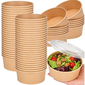 50 Pack Kraft Paper Bowls with Clear Lid, 25OZ Paper Salad Serving Bowls, Microwave Freezer Safe Meal Prep to Go Food Containers for BBQ, Gatherings and Parties