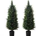 2 Pack 37 Inch Artificial Cedar Topiary Trees for Outdoor Front Porch Dcor - UV Rated Fake Plants for Indoor and Outdoor Use, Potted Shrubs for Front Door, Office