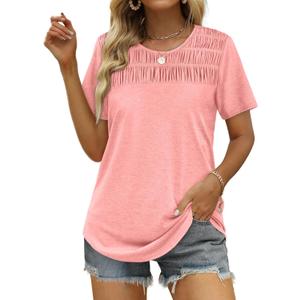 OFEEFAN Women's Summer Tops 2025 Trendy Short Sleeve Shirts Smocked Crewneck Tee (XX-Large, Coral)