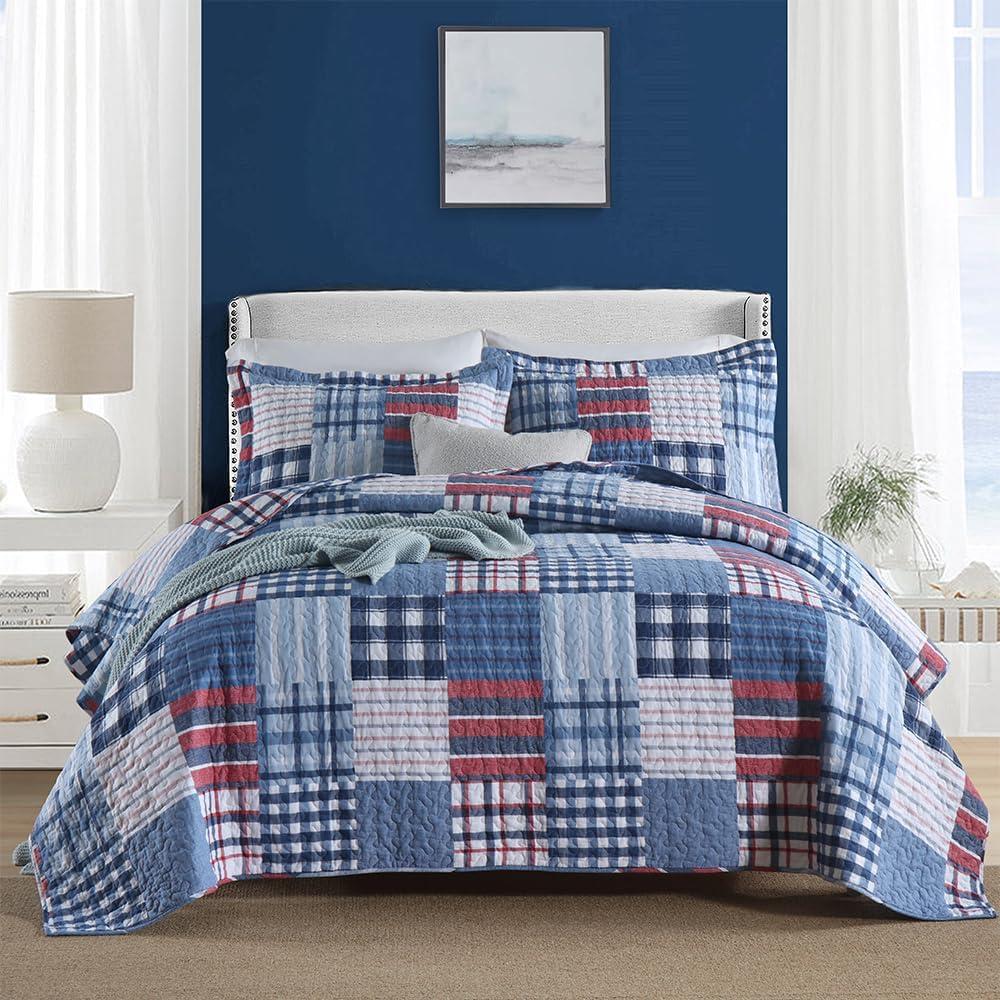 Cotton Bedding Quilt Sets Reversible Real Patchwork Coverlet Sets All Season Blue Bedspread, Plaid Patchwork Pattern,King Size