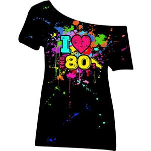 80s Outfit for Women Plus Size I Love The 80's Costumes 80s Off Shoulder T-Shirt Tops Neon Clothes Oversized (Black,2X-Large)