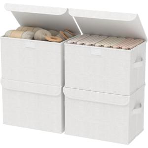 Fabric Storage Bin with Lid, Closet Boxes with Cover, Collapsible Stackable Organizer Basket with 2 Handles, for Home and Bedroom, 4 Pack, White, 10.2 x 7.9 x 6.7 In, XSNY12WS-4