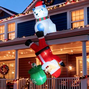 8FT Christmas Inflatable Polar Bear with Hanging Santa Claus Decoration,Blow Up Yard Decoration Inflatables with Built-in LEDs for Xmas Party Indoor, Outdoor, Yard, Garden, Lawn Decor