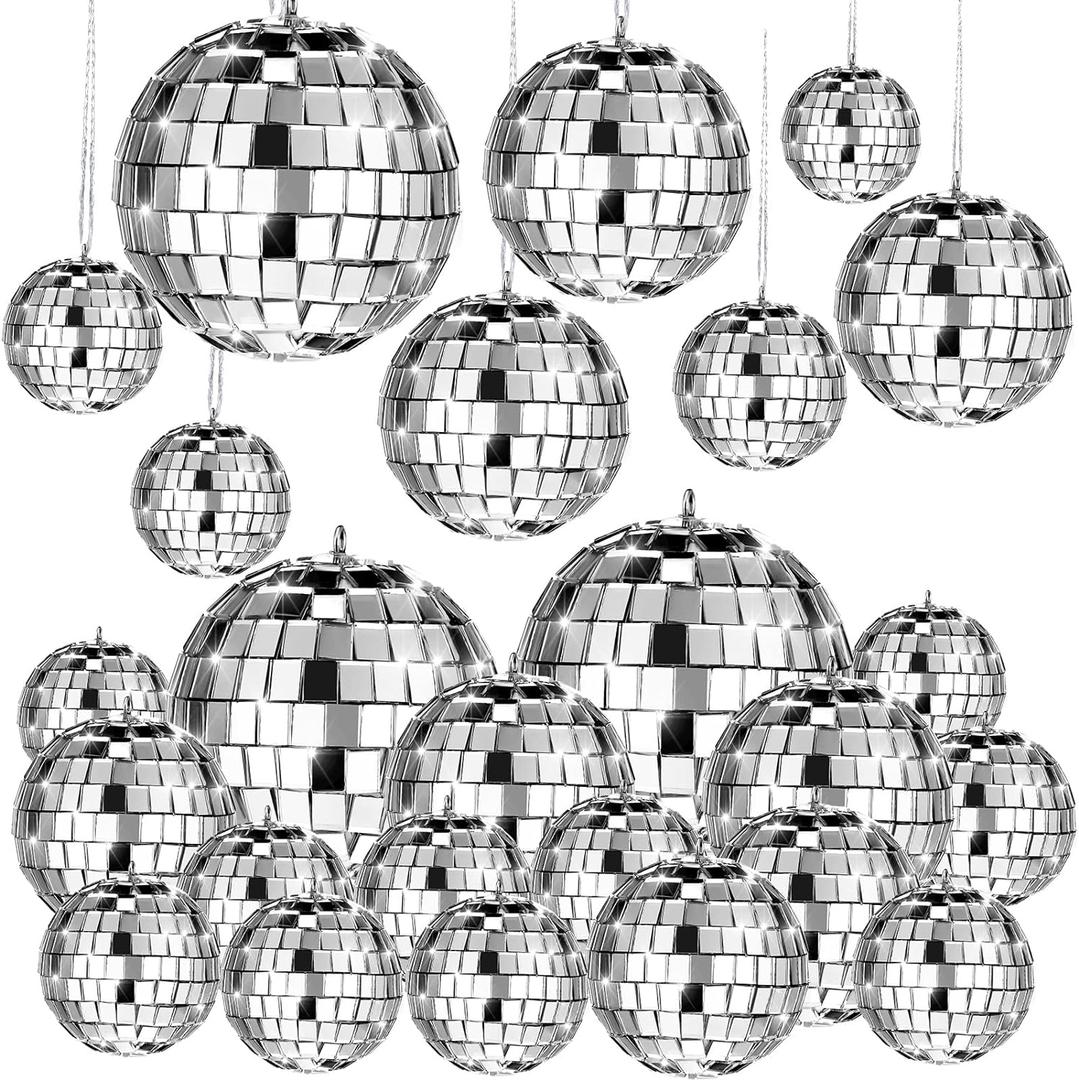 MTLEE 20 Pcs Disco Balls Decoration Mirror Disco Ball Assorted Silver Hanging Mini Glass Different Sizes Reflective with Rope for 70s Wedding Dance Music Prom Props (2.4 Inch, 2 Inch, 1.6 Inch, 1.2 Inch)