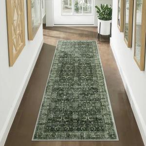 Anidaroel Washable Kitchen Rug, 2.5x8 ft Green, Non-Skid, Vintage Boho Hallway Runner, Distressed Soft Bathroom Rug for Laundry Room