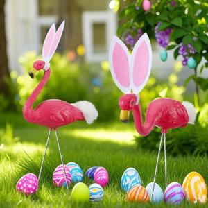 Suzile 2 Pcs Easter Flamingo Yard Ornaments Outdoor Easter Yard Signs Pink Flamingo Ornament Stakes Plastic with Metal Legs Include 13 x 9 in and 16.5 x 6 in for Outdoor Garden, Luau Party Decor