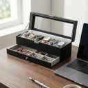 Watch Box for Men 6 Slot,Double Layer Mens Watch Case Display Organizer with Real Glass Top,Large Holder for 50mm Watches,PU Leather Jewelry Drawer Storage Valet Tray for Men,Black