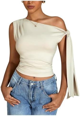 Milumia Women's Ruched One Off The Shoulder Tank Tops Asymmetrical Neck Tie Shoulder Going Out Top XL