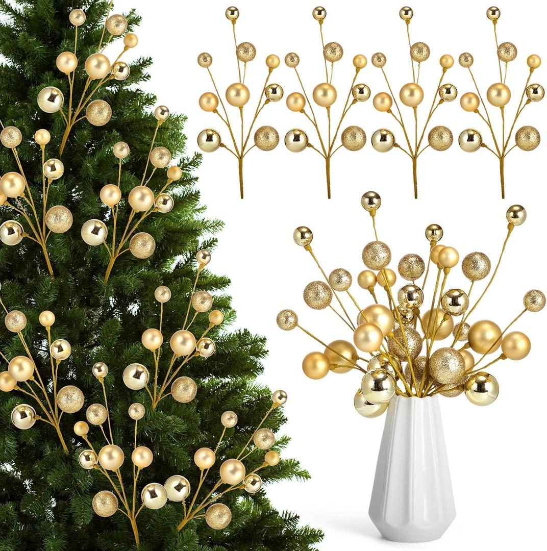 4 Pcs 15 Inch Gold Christmas Tree Picks Xmas Glitter Ball Christmas Tree Decorations Artificial Stems for Xmas Topper Ornaments DIY Wreath Garland Crafts Winter Home Decor
