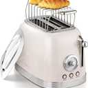 Wiltal Beige Cute Retro Toaster 2 Slice with 1.58" Wide Slots, Bread toaster with Cover and Warm Rack, Stainless Steel Toasters with Removable Crumb Tray, Preheat, Defrost, Cancel Function (Cream)