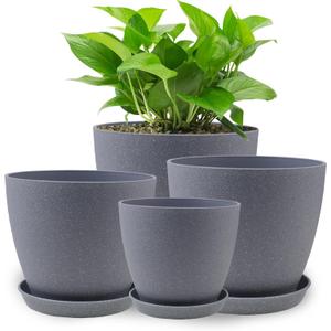 Plant Pots- 8.5/7.5/6.5/6 Inches 4 Pack Plastic Plant Pots,Indoor Decor Flower Pots with Drainage Holes and Tray,Home Decor Planters for Indoor Plants Cactus, Succulents Pot(Gray)