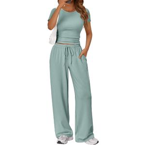 Trendy Queen 2 Piece Matching Summer Lounge Set Womens Side Ruching Top Wide Leg Pants Sets with Pockets (Green, S)