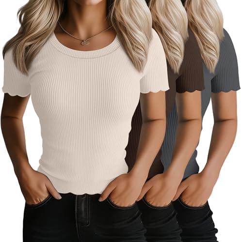 Huukeay 2 Pack Women's Ribbed Knit Crop Tops Lettuce Trim Round Neck Short Sleeve Shirts Summer Slim Fitted Casual Basic Tees XL