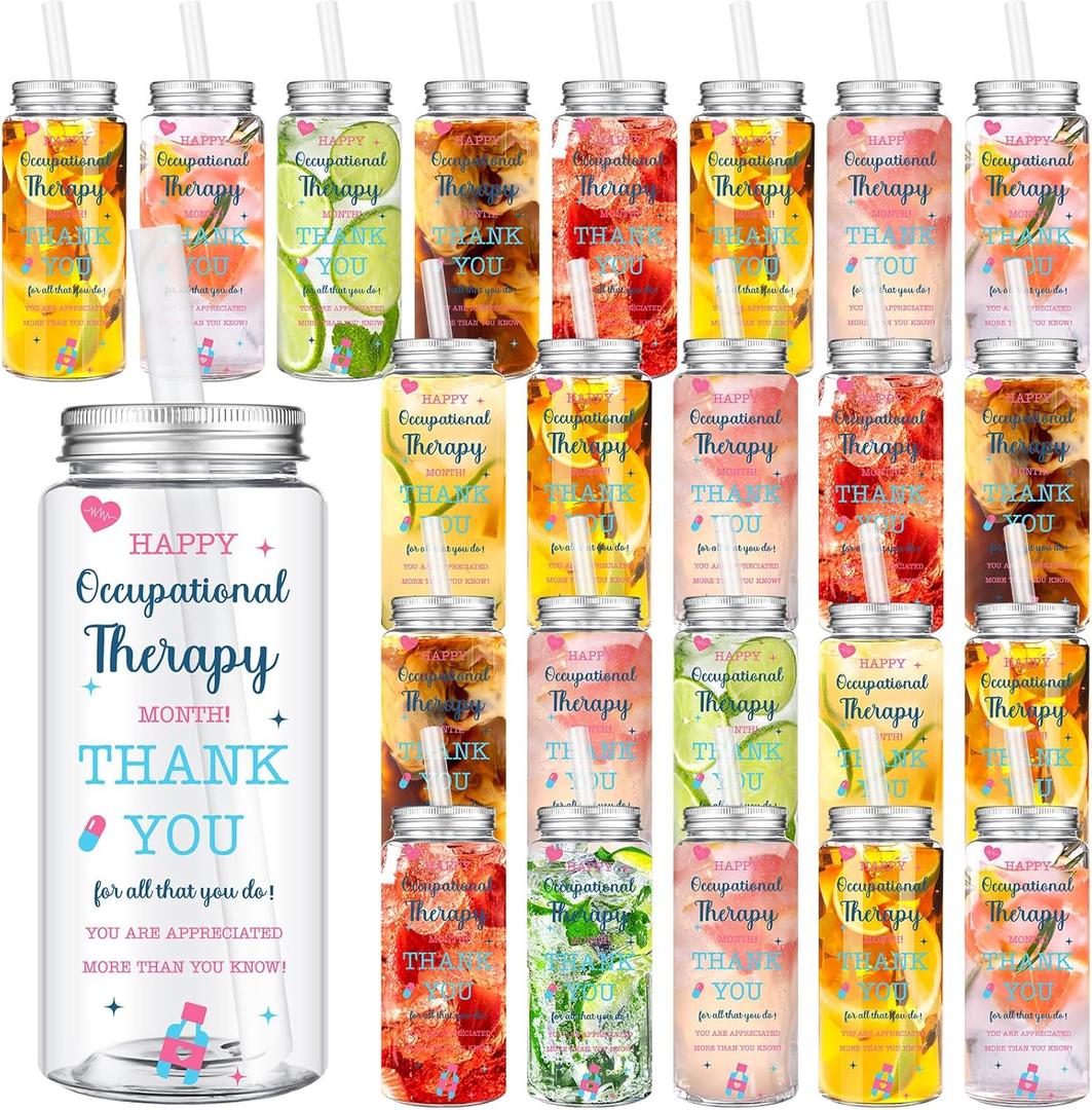 Skylety 24 Pack Occupational Therapy Gifts Cups Bulk, OT Month Appreciation Gifts, Plastic Cups with Lids and Straws for OT Doctor Nurse Occupational Therapy Assistant Employee Staff Party Supplies