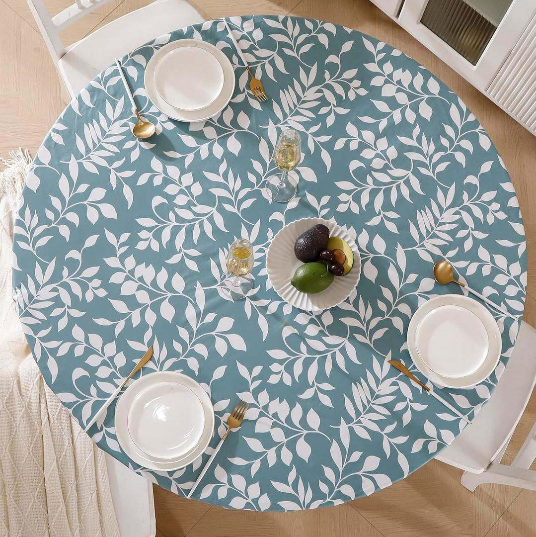 Round Vinyl Fitted Tablecloth with Flannel Backing Elastic Edge Design Table Cover Waterproof Oil-Proof PVC Table Cloth Stain-Resistant Wipeable for Round Table (Large Round Fits Table up 57"-65" Diameter, Leaf)