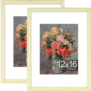 Vittanly 12x16 Picture Frames Set of 2, Ornate Vintage Photo Frame for Wall Mount, Display 8.5x11 Pictures with Mat or 12x16 without Mat, Beige