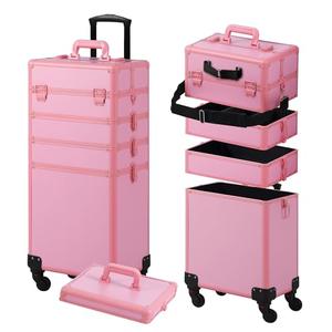 Somduy Makeup Train Case, Rolling Makeup Case with Lid, 5 in 1 Cosmetology Case on Wheels, Christmas Gift, Large Makeup Case Organizers, Profesional Cosmetic Case for Salon Barber, Pink